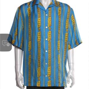 Versace Men's Shirt in Blue and Gold Pattern